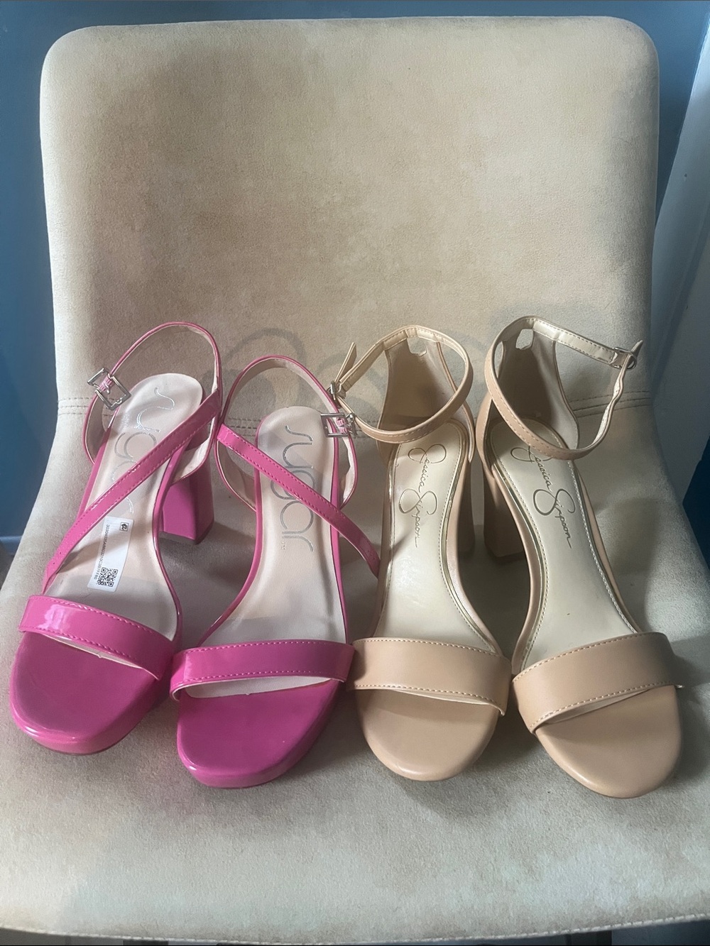 Jessica Simpson Pink and Nude Block Heel Sandals